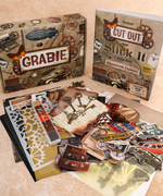 Steampunk Explorer-Themed Grabie Scrapbook Club Box with vintage collage book, art supplies, and themed cutouts for crafting.