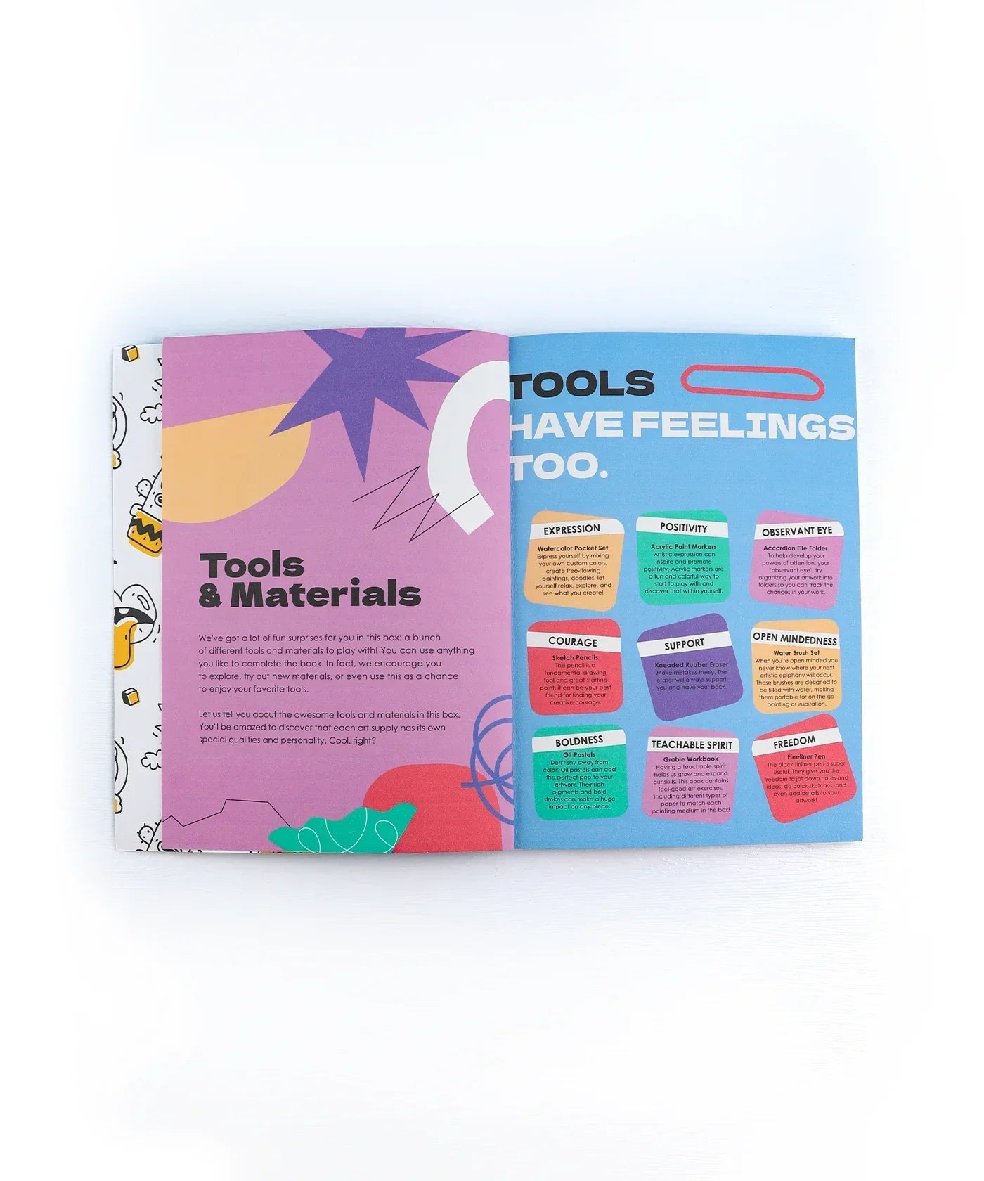 Open spread of Let Your Feelings Flow 30-Day Workbook showing colorful Tools & Materials and Tools Have Feelings Too pages