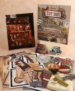 Steampunk Explorer-Themed Grabie Scrapbook Club Box with vintage car, suitcase, hot air balloon, and collage art supplies.