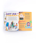 Open workbook showing colorful illustrated pages about art therapy from Let Your Feelings Flow 30-Day Workbook