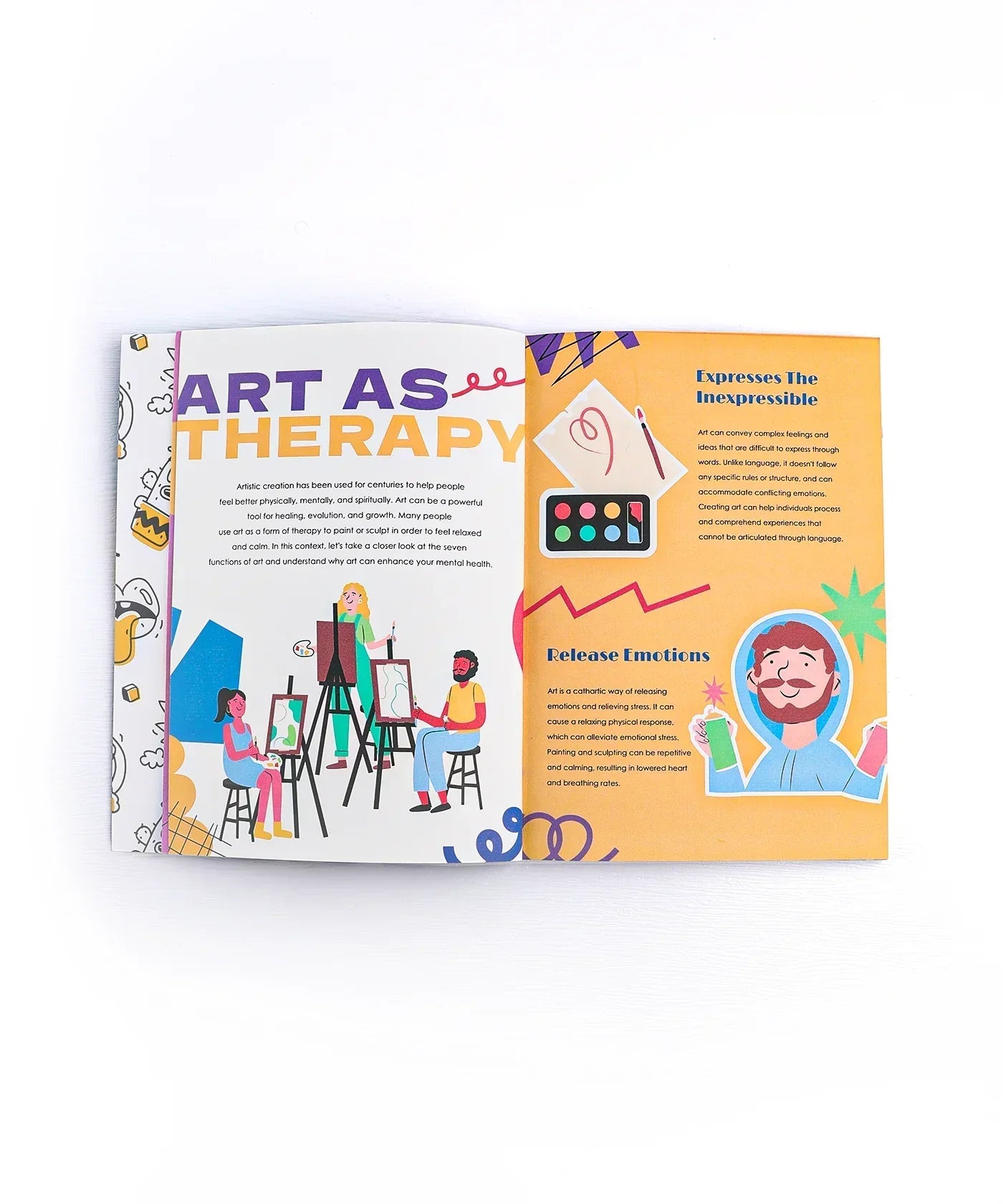 Open workbook showing colorful illustrated pages about art therapy from Let Your Feelings Flow 30-Day Workbook
