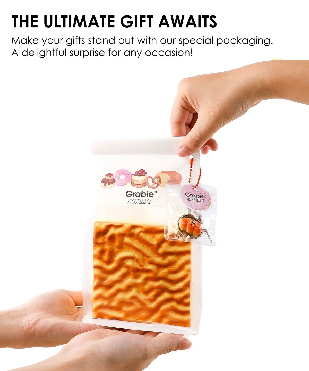 Feel-Good Stress Relief Foam Squishy - Tiger Skin Cake held in hands with decorative bakery packaging