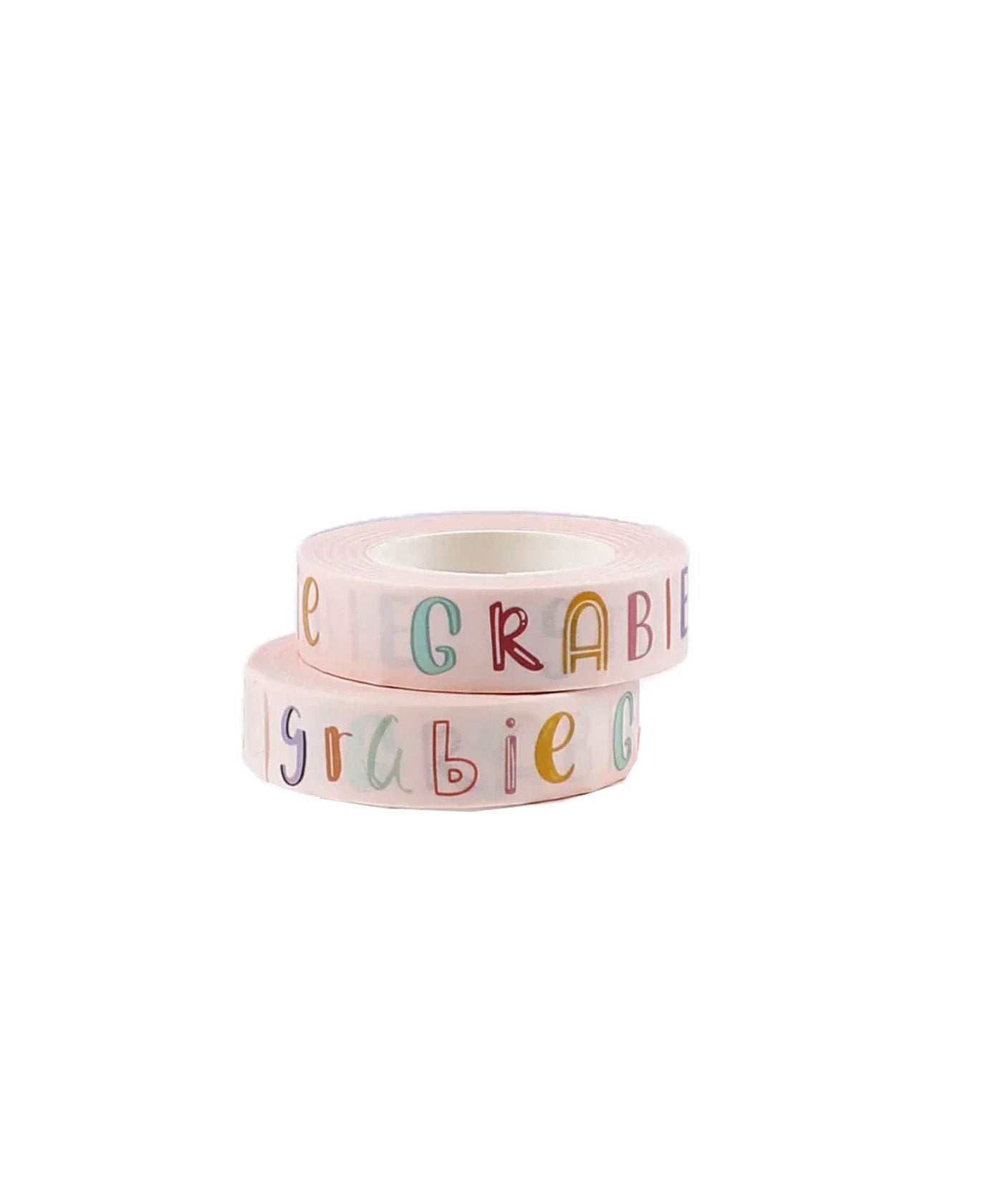 Two rolls of Grabie Waterproof Painter's Tape Set Of 2 with colorful printed letters on white tape.