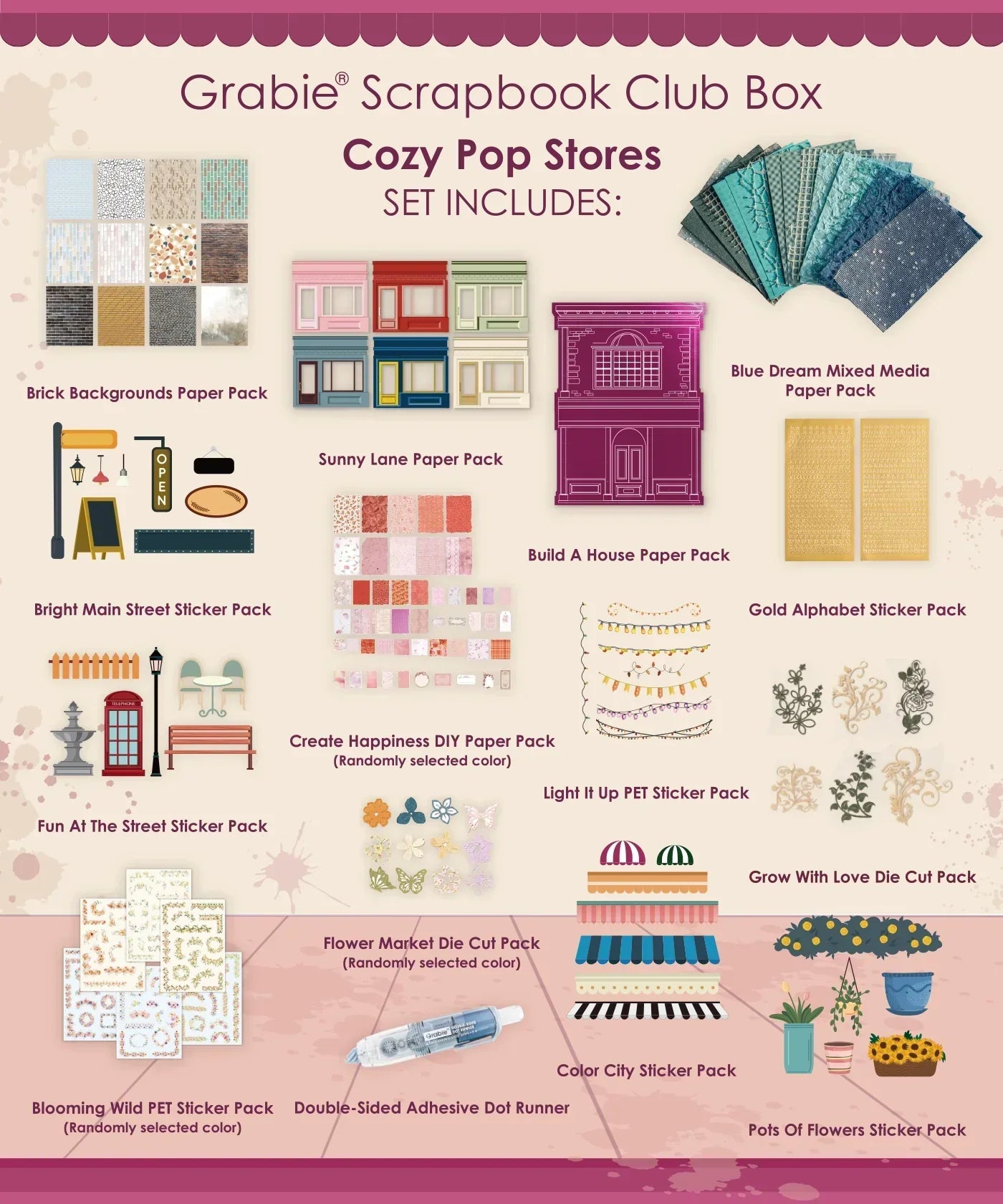 Cozy Pop Stores-Themed Grabie Scrapbook Club Box with paper packs, sticker packs, die cut packs, and adhesive runner for scrapbooking.