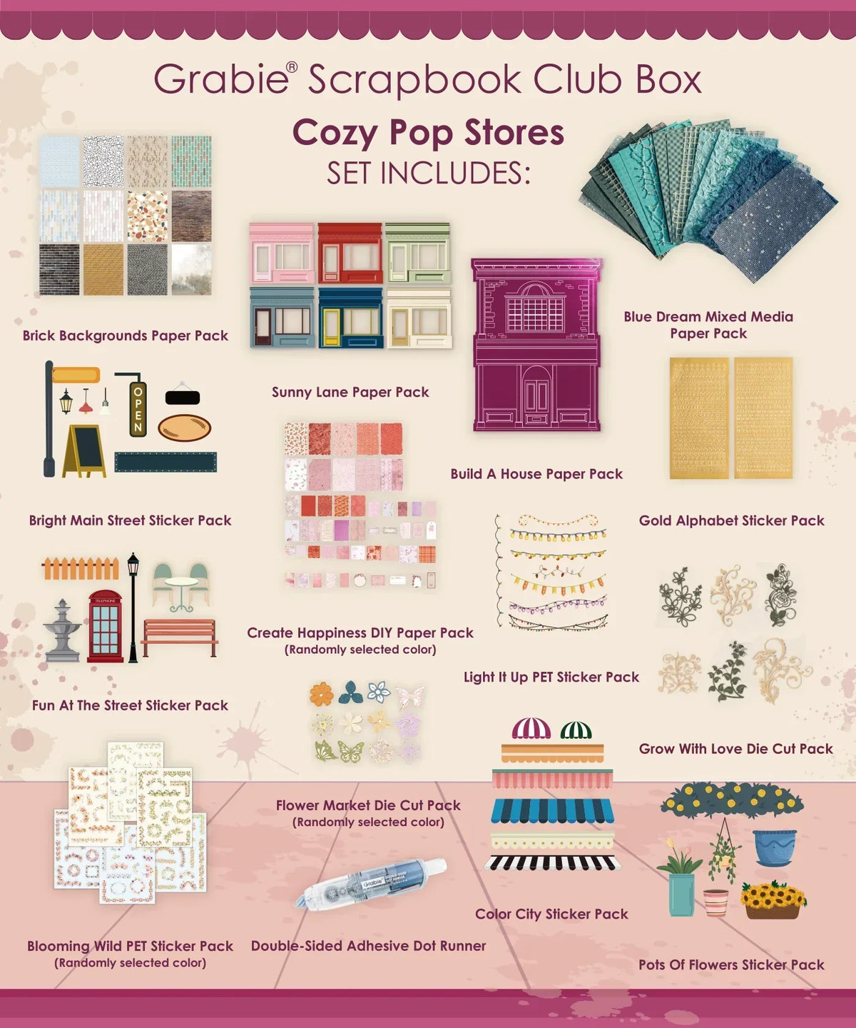 Cozy Pop Stores-Themed Grabie Scrapbook Club Box with paper packs, sticker packs, die cut packs, and adhesive runner for scrapbooking.