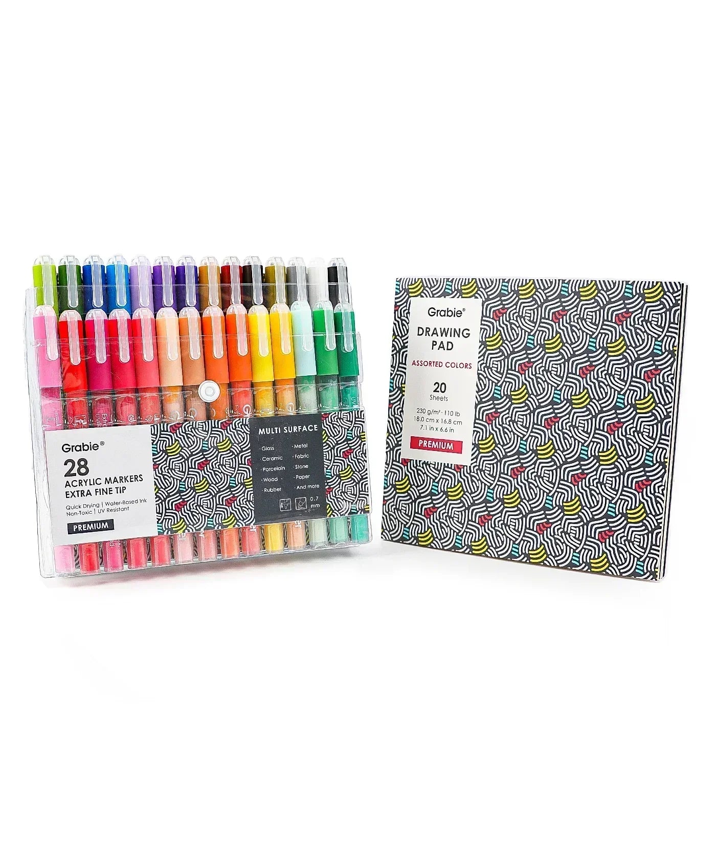 Extra Fine Tip Acrylic Paint Marker Set of 28 with vibrant colors and included patterned drawing pad for versatile art projects
