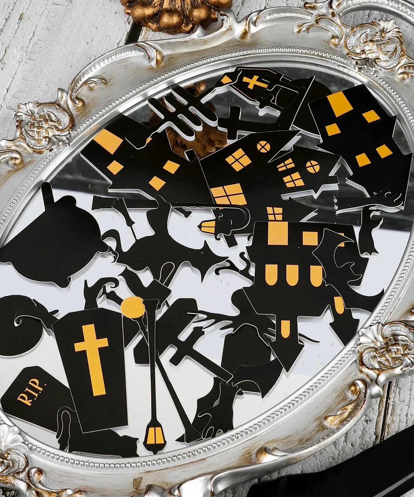 50 Pcs Grabie Exclusive Such a Fright Sticker Set displayed on ornate silver tray with haunted house and Halloween designs