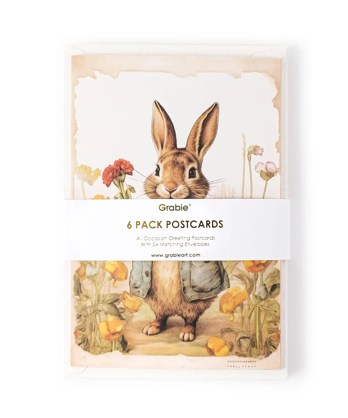 Grabie Exclusive 6 Pack Postcards With 6 Matching Envelopes featuring a rabbit illustration surrounded by flowers