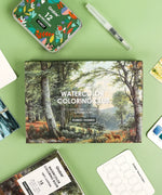 Forest-Themed Watercolor Coloring Club Box with art supplies including watercolor set, brush pen, and color guide on green background
