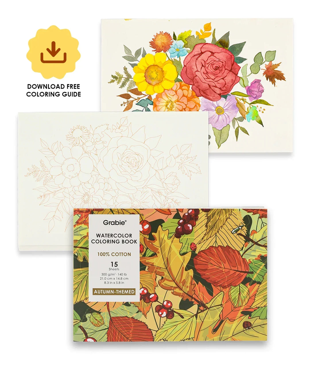 15 Sheets 140LB Autumn-Themed Watercolor Coloring Book with floral and leaf designs and a free coloring guide download.