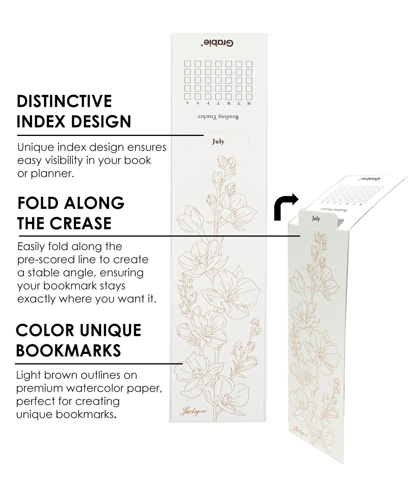 Bookmark with floral design featuring distinctive index and fold crease for stability in The Watercolor Beginner‘s Bundle