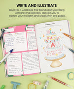 Open pages of Affirm Your World 4-Week Workbook showing journaling prompts and colorful celebratory cake illustration with pens nearby