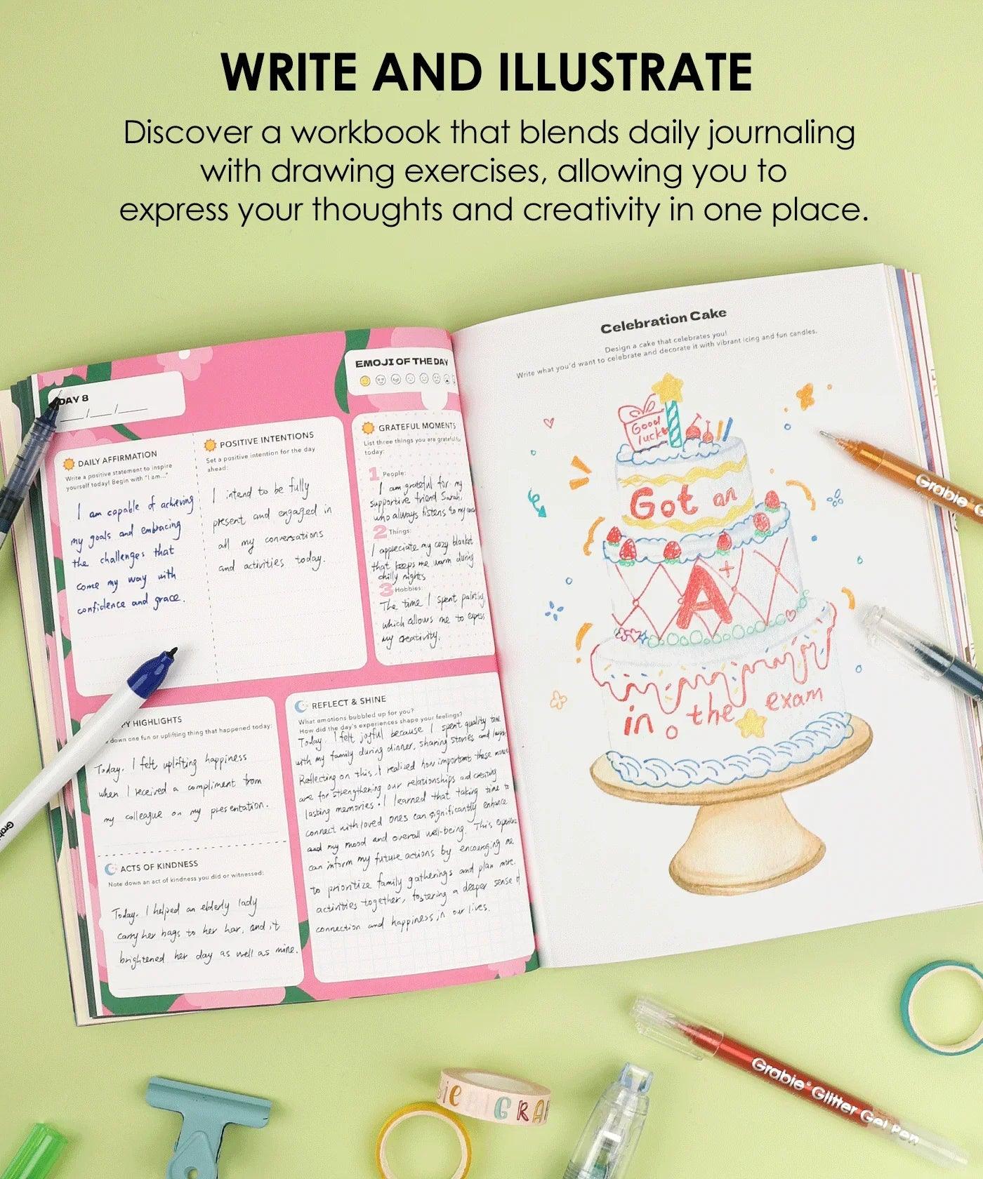 Open pages of Affirm Your World 4-Week Workbook showing journaling prompts and colorful celebratory cake illustration with pens nearby