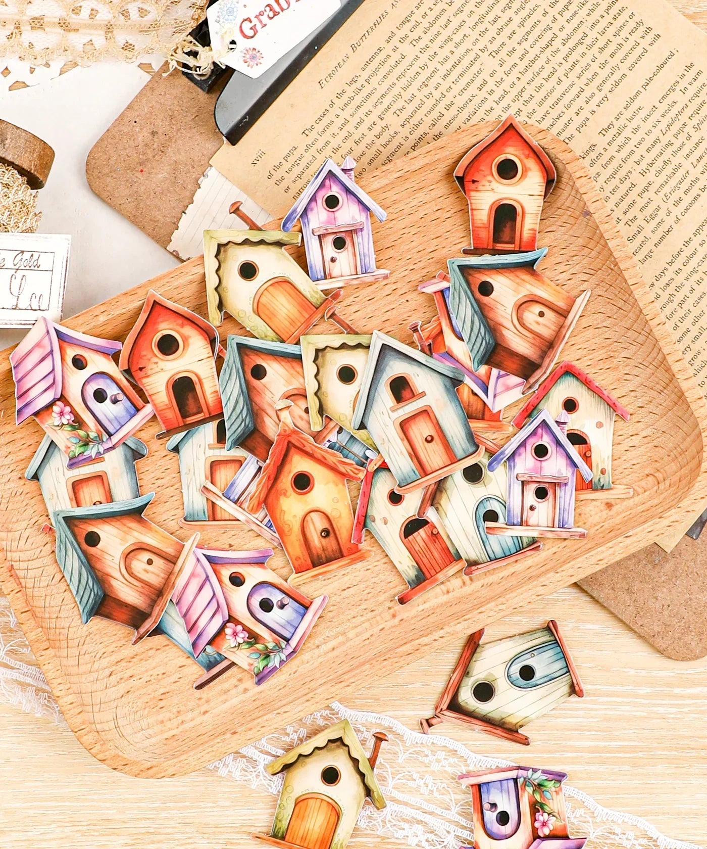 20 Pcs Grabie Exclusive Fairybird House Sticker Set with colorful birdhouse designs for scrapbooking and art supplies.