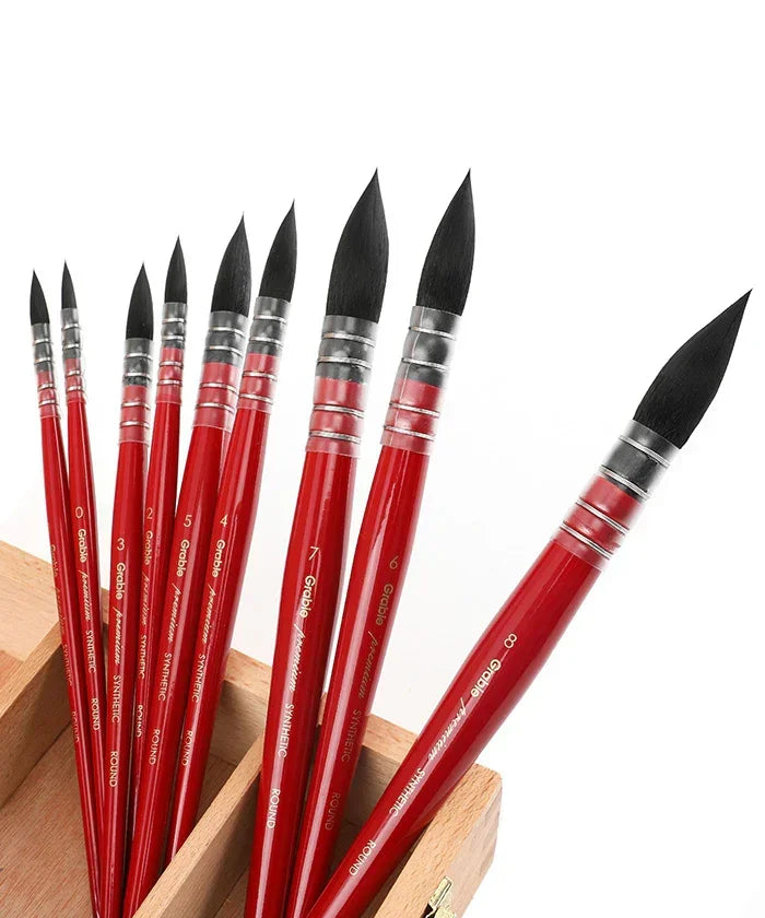 Watercolor Paint Brush Favorites Bundle with red handles arranged in a wooden box for watercolor art supplies