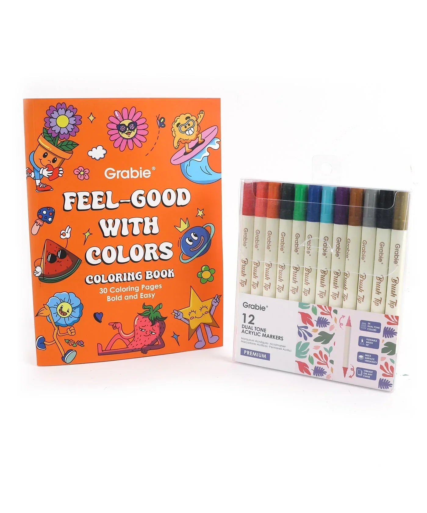Dual Tone Brush Tip Acrylic Paint Marker Set With Coloring Book featuring colorful markers and an orange illustrated coloring book cover