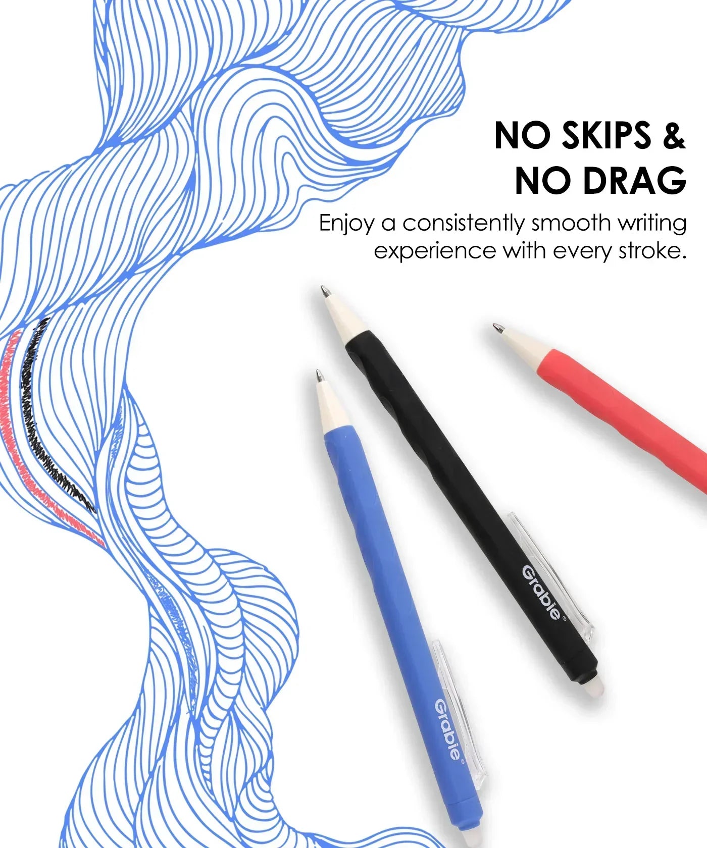 Medium Point Erasable Gel Pen Set with smooth blue, black, and red ink drawing flowing lines and patterns