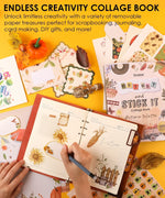 200+ Pages Autumn Palette Collage Activity Book For Faire with scrapbooking supplies and fall-themed stickers on yellow background