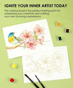 Floral-Themed Watercolor Coloring Club Box with bird and flower artwork, watercolor paints, and brushes on green background