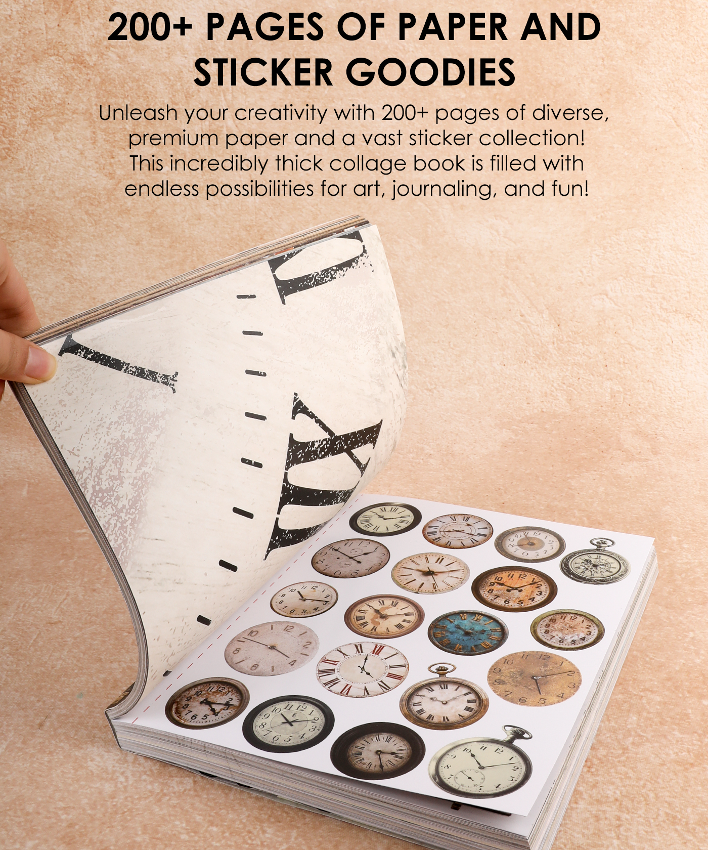 Steampunk Explorer-Themed Grabie Scrapbook Club Box showing pages with vintage clock designs and stickers for art and journaling.