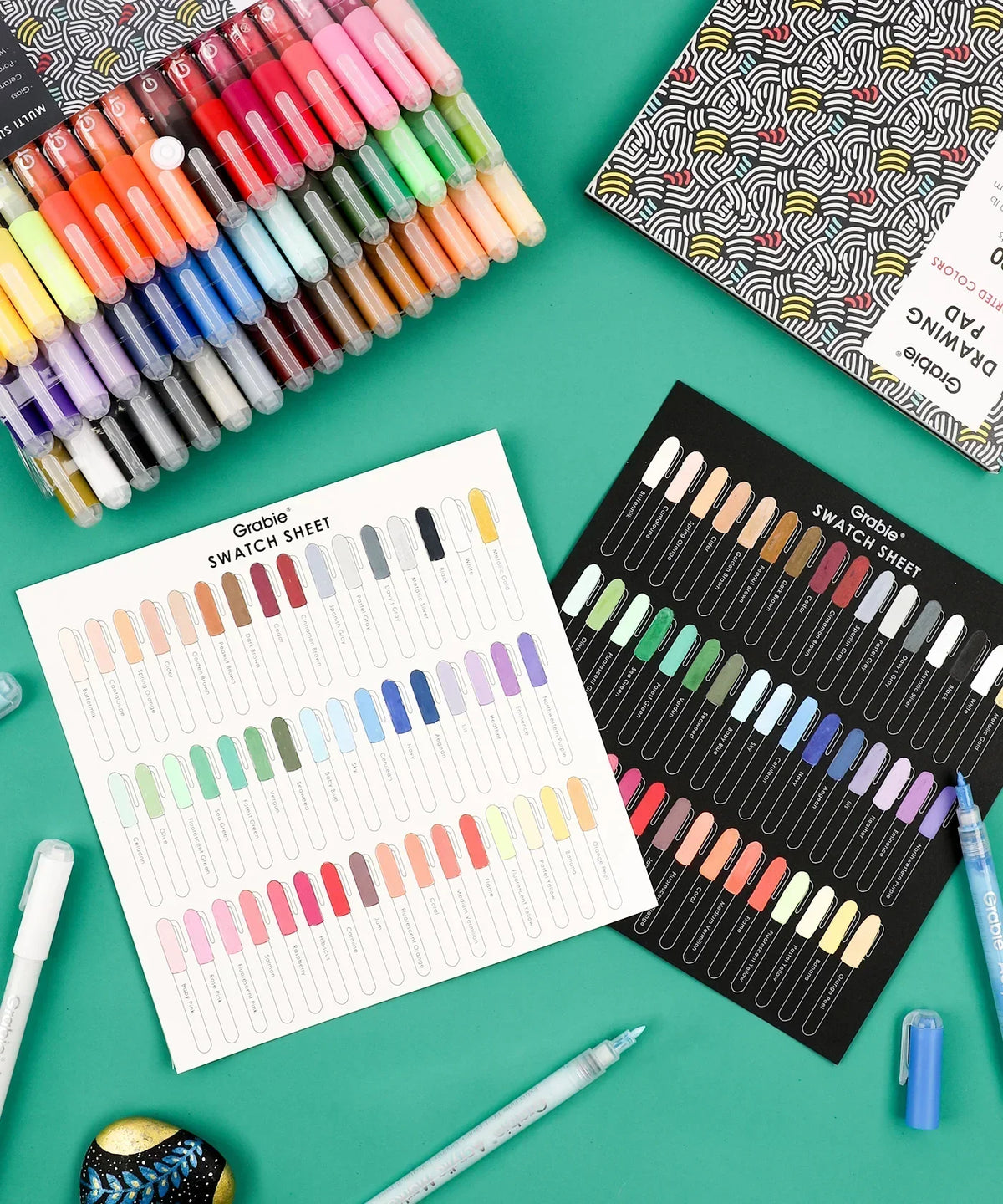 Extra Fine Tip Acrylic Paint Marker Set of 48 with colorful markers and swatch sheets for detailed art and scrapbook projects