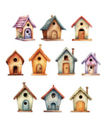 Illustration of ten unique colorful wooden birdhouses in a charming design for 20 Pcs Grabie Exclusive Fairybird House Sticker Set