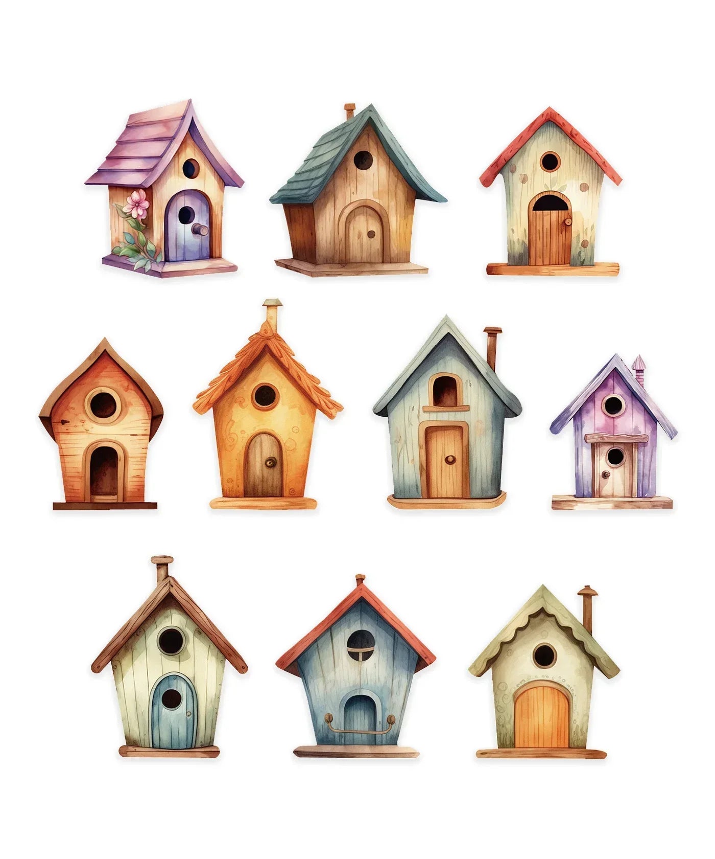 Illustration of ten unique colorful wooden birdhouses in a charming design for 20 Pcs Grabie Exclusive Fairybird House Sticker Set
