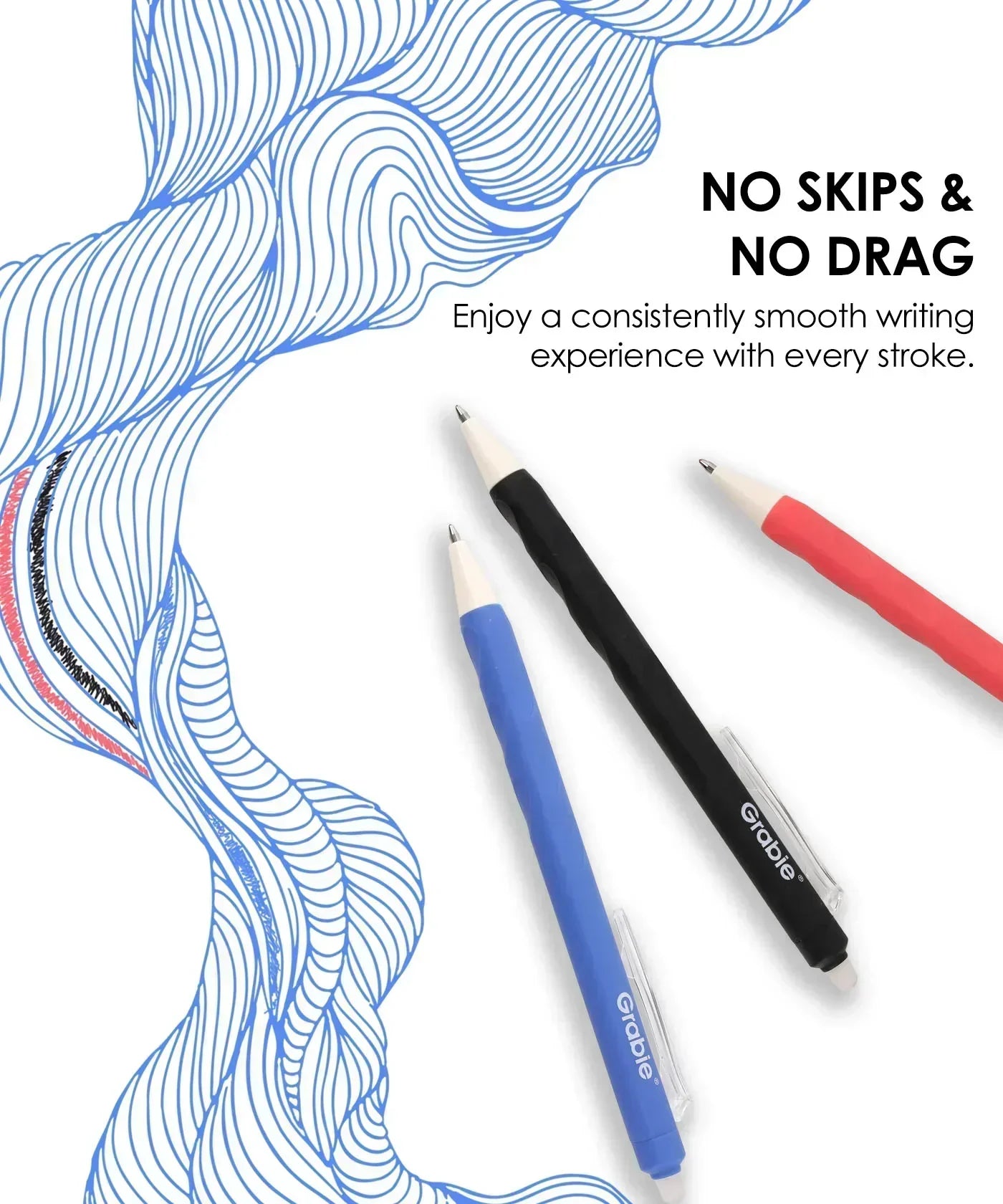 Three Grabie Medium Point Erasable Gel Pen Set pens in blue, black, and red with smooth, skip-free writing demonstration.