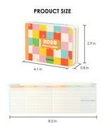 Colorful compact 2-IN-1 2025 Monthly & Weekly Planner showing size and open weekly layout pages