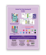 Back of What To Draw: 30-Day Pet Drawing Kit box showing included workbook, gel pens, and drawing pages.