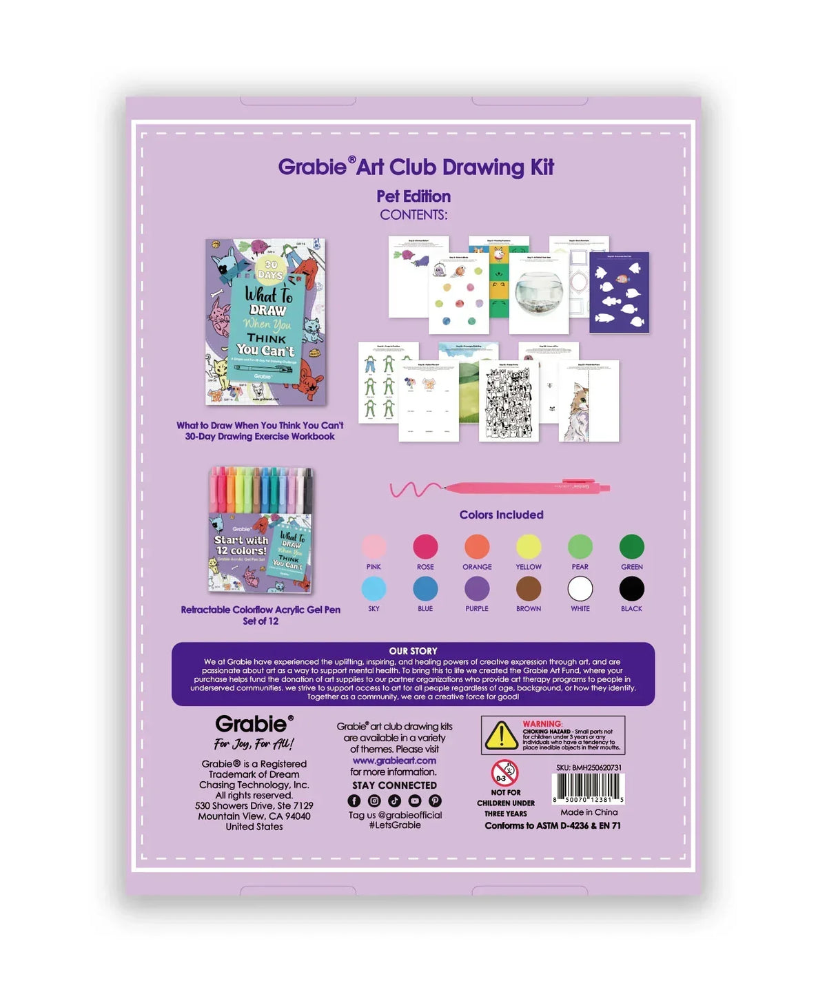 Back of What To Draw: 30-Day Pet Drawing Kit box showing included workbook, gel pens, and drawing pages.