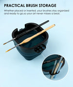 3-in-1 Paint Brush Cleaner Bucket shown with brush storage feature holding various paintbrushes upright and lying flat