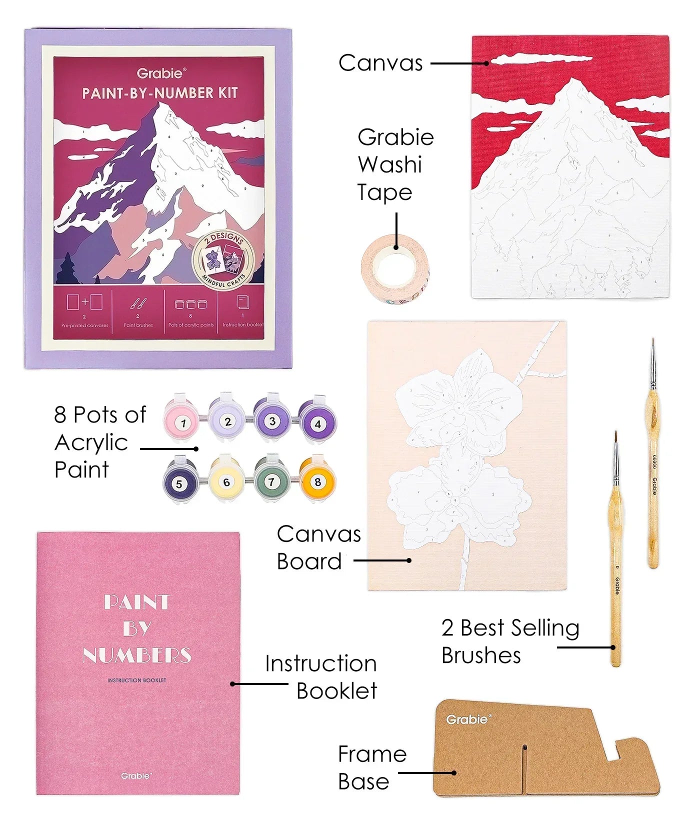 Paint-by-Number Nature Series Kit - 2 Designs with acrylic paints, brushes, canvases, instruction booklet, and frame base
