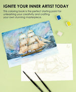 Landscape-Themed Watercolor Coloring Club Box showing painted ship artwork, paint pans, brushes, and a sketch on pale green background