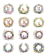 24 Pcs Grabie Exclusive Bunnies and Blooms Sticker Set with watercolor bunnies, floral wreaths, and pastel eggs for scrapbook.