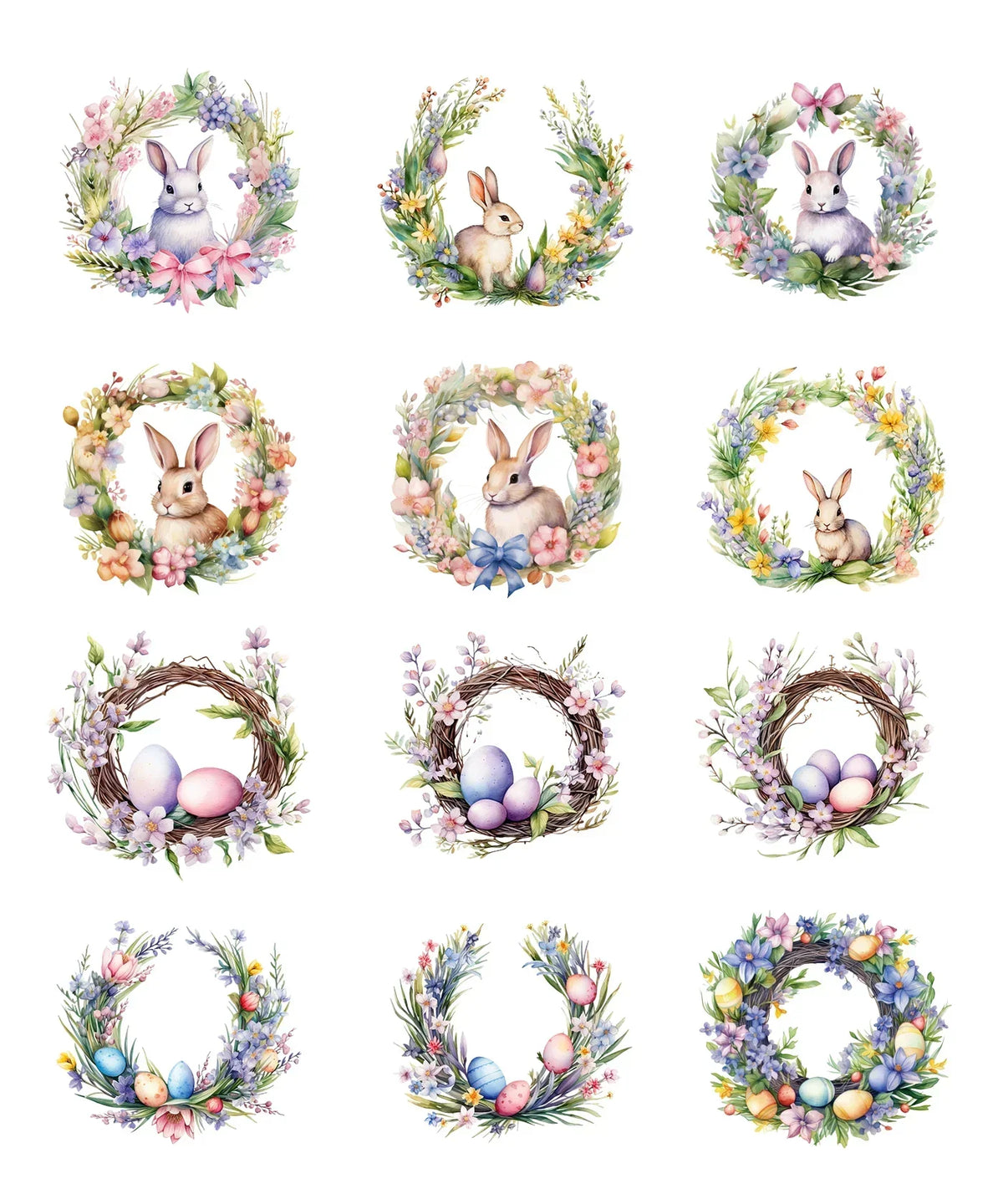 24 Pcs Grabie Exclusive Bunnies and Blooms Sticker Set with watercolor bunnies, floral wreaths, and pastel eggs for scrapbook.