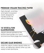 Trace & Color Drawing Kit with premium vellum tracing paper, vibrant illustrations, and secure glue binding for smooth tracing.