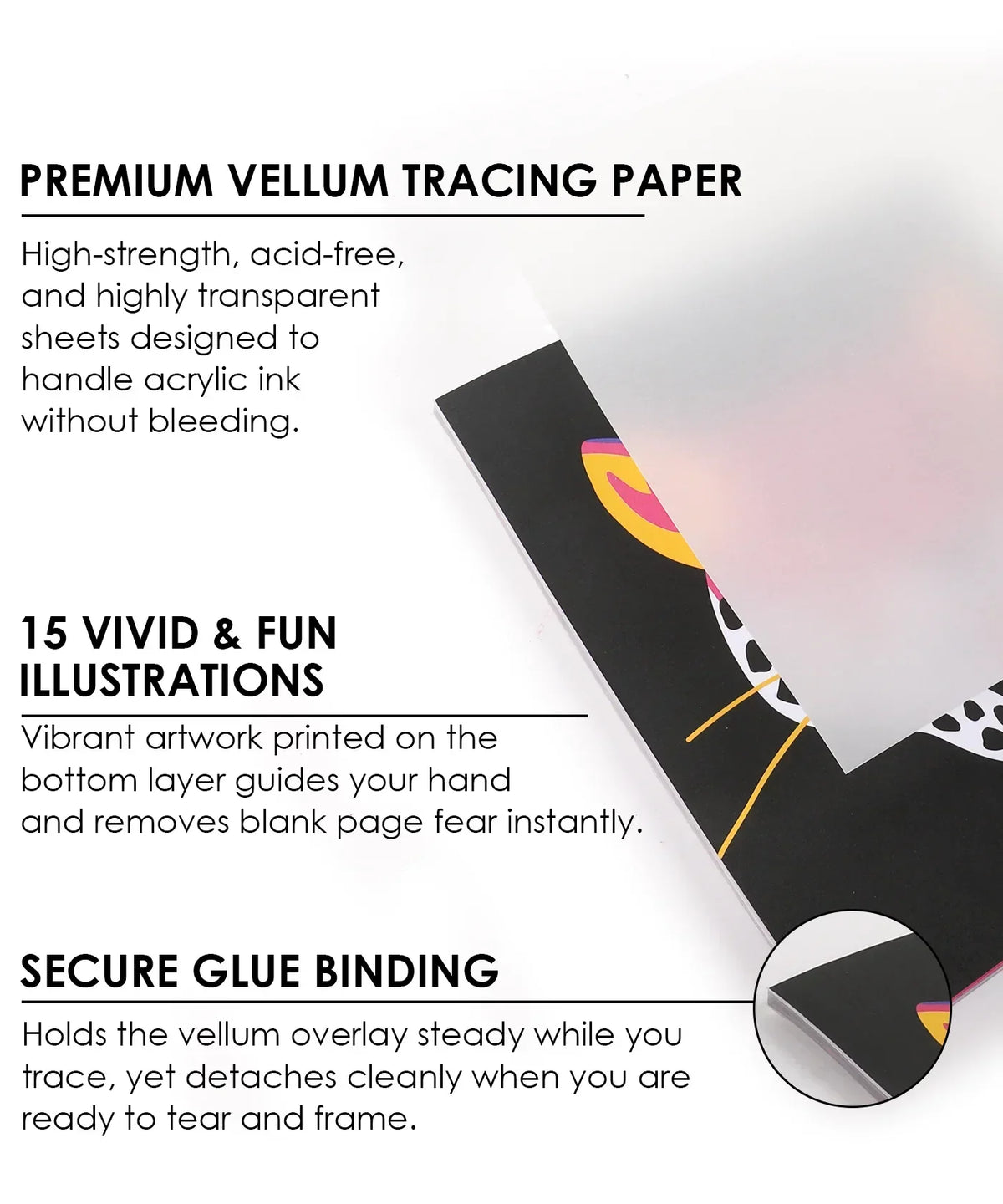 Trace & Color Drawing Kit with premium vellum tracing paper, vibrant illustrations, and secure glue binding for smooth tracing.