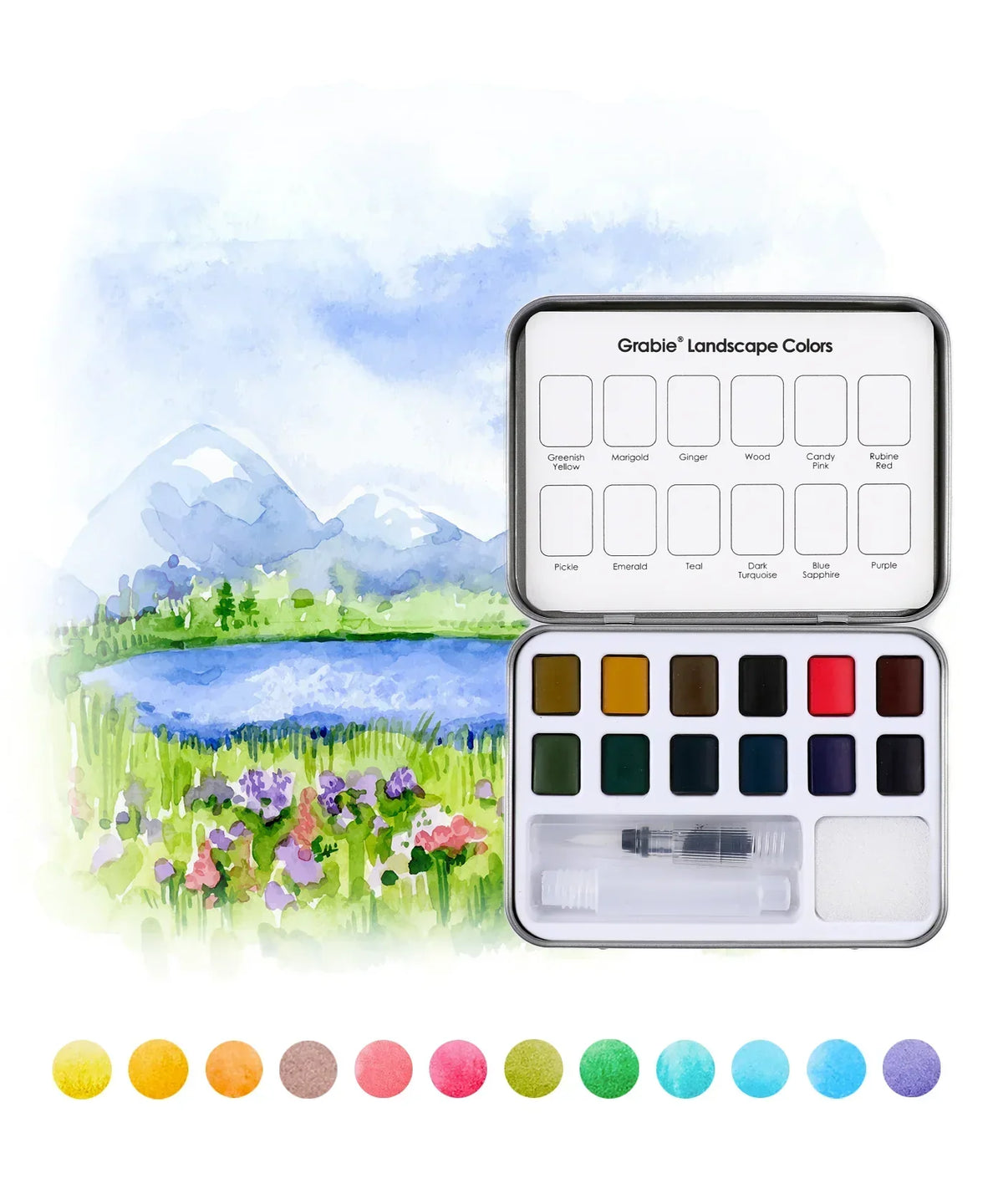 Landscape-Themed Watercolor Coloring Club Box with vibrant watercolor paints and a scenic mountain landscape background