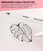 Waterproof Multiliner Drawing Pen Set Of 10 shown drawing detailed leaf design with permanent aqua-proof ink on paper