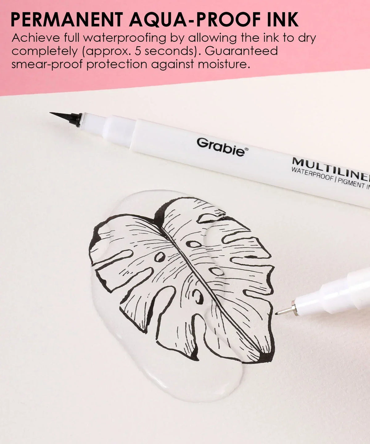 Waterproof Multiliner Drawing Pen Set Of 10 shown drawing detailed leaf design with permanent aqua-proof ink on paper