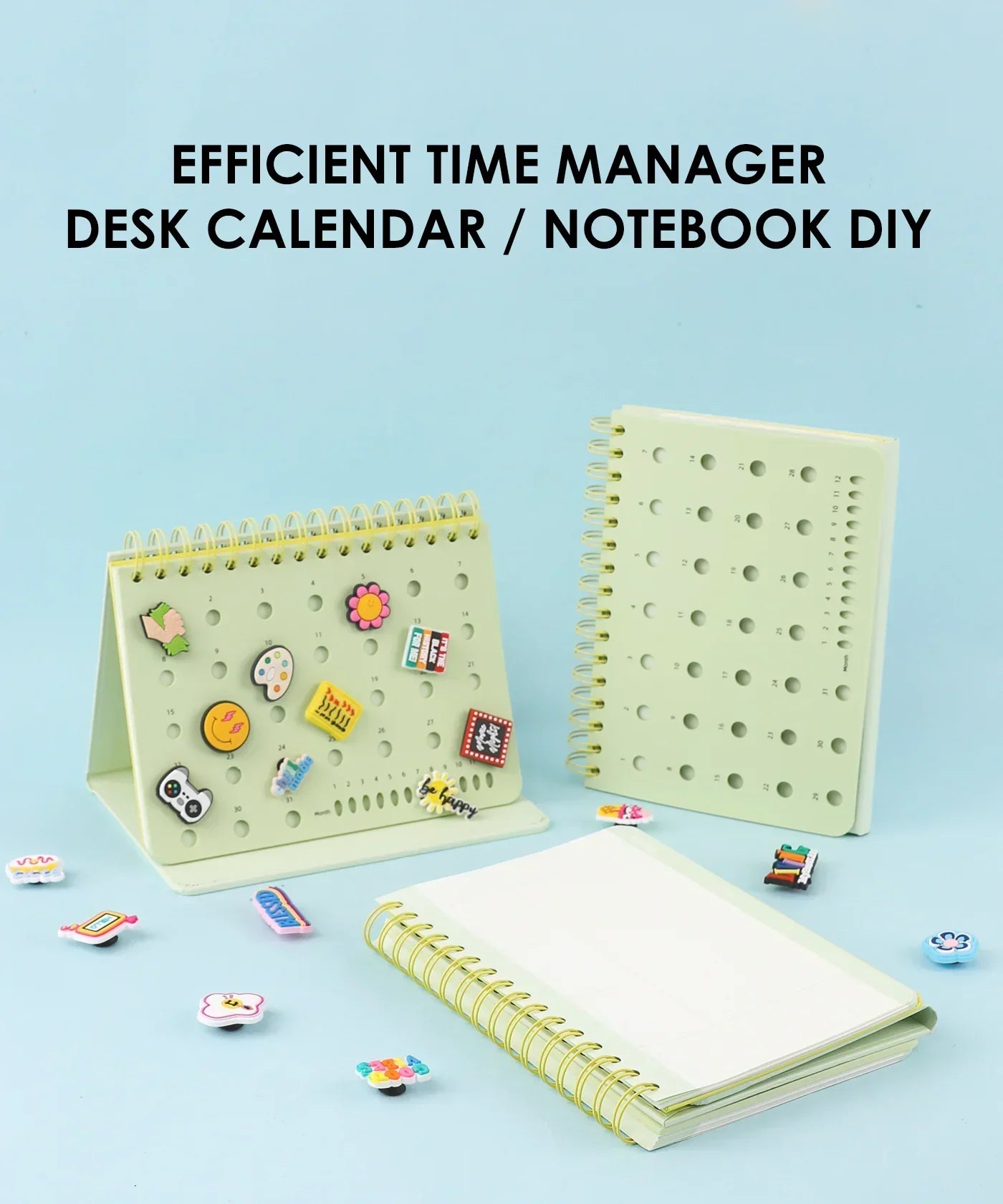 2-IN-1 POPIN Notebook in light green with customizable pins and spiral binding for desk calendar and notes.