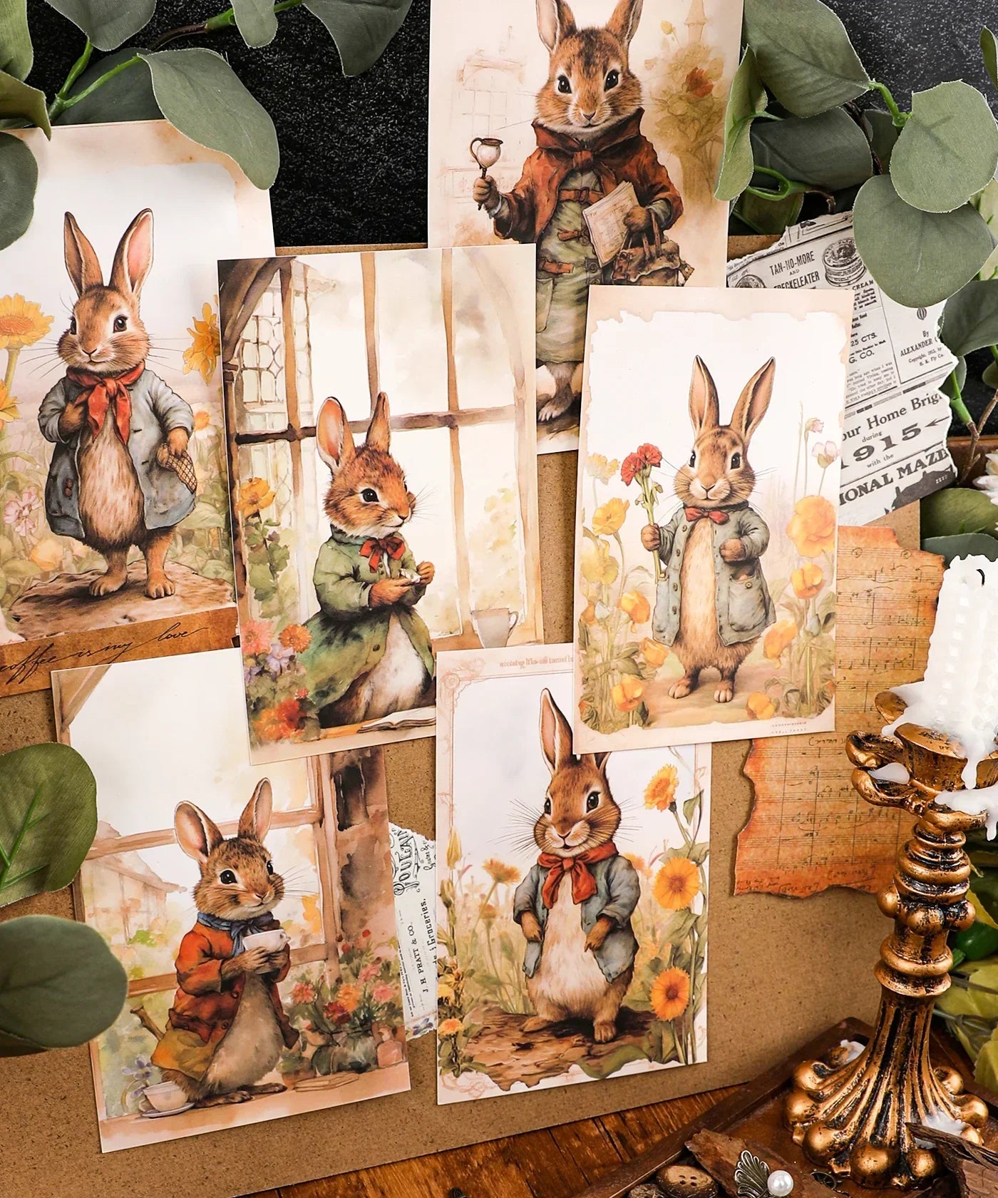 Grabie Exclusive 6 Pack Postcards With 6 Matching Envelopes featuring vintage-style illustrated rabbits with floral accents.