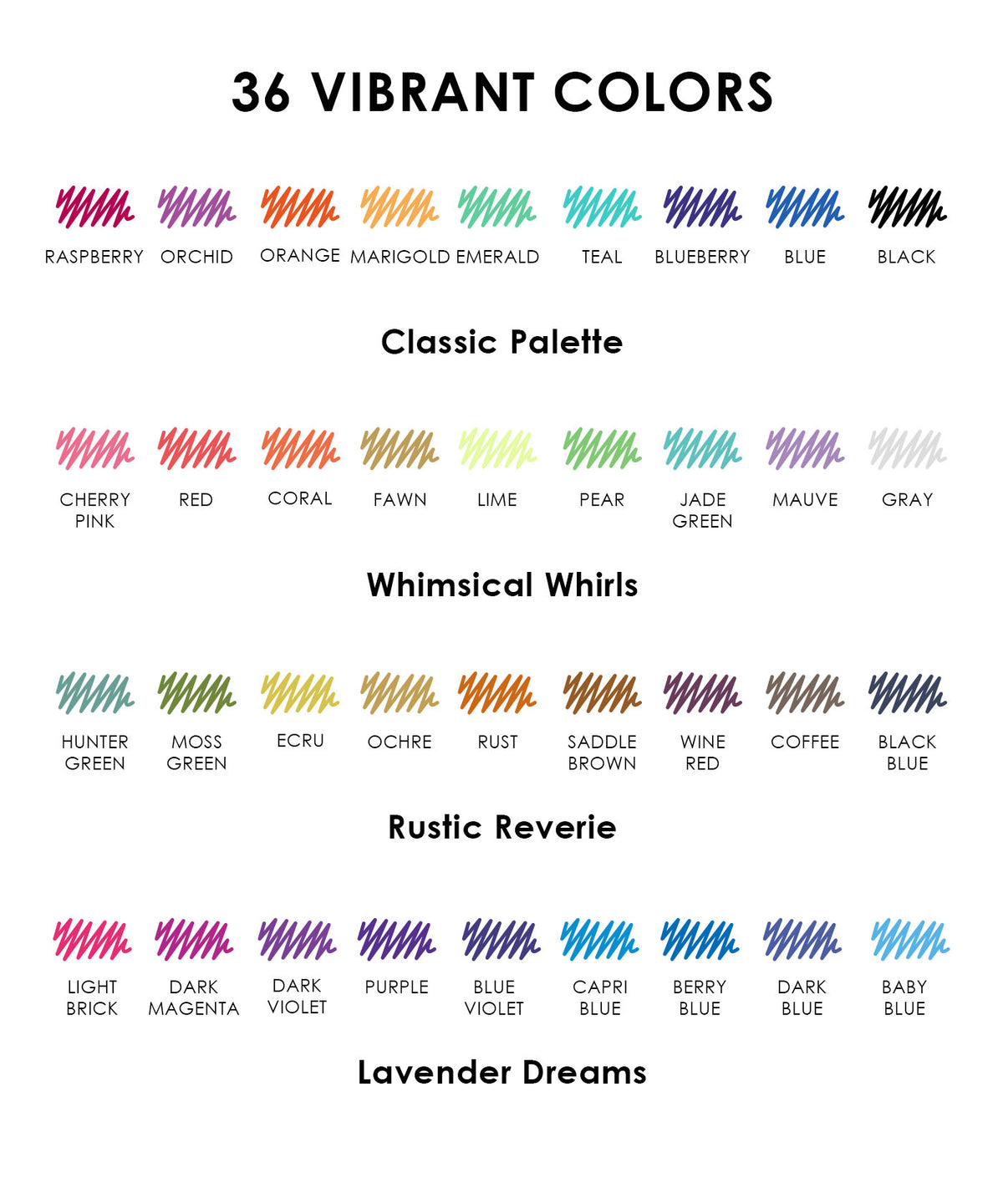 Color swatch chart showing 36 vibrant color names and swatches for Grabie erasable gel pens.