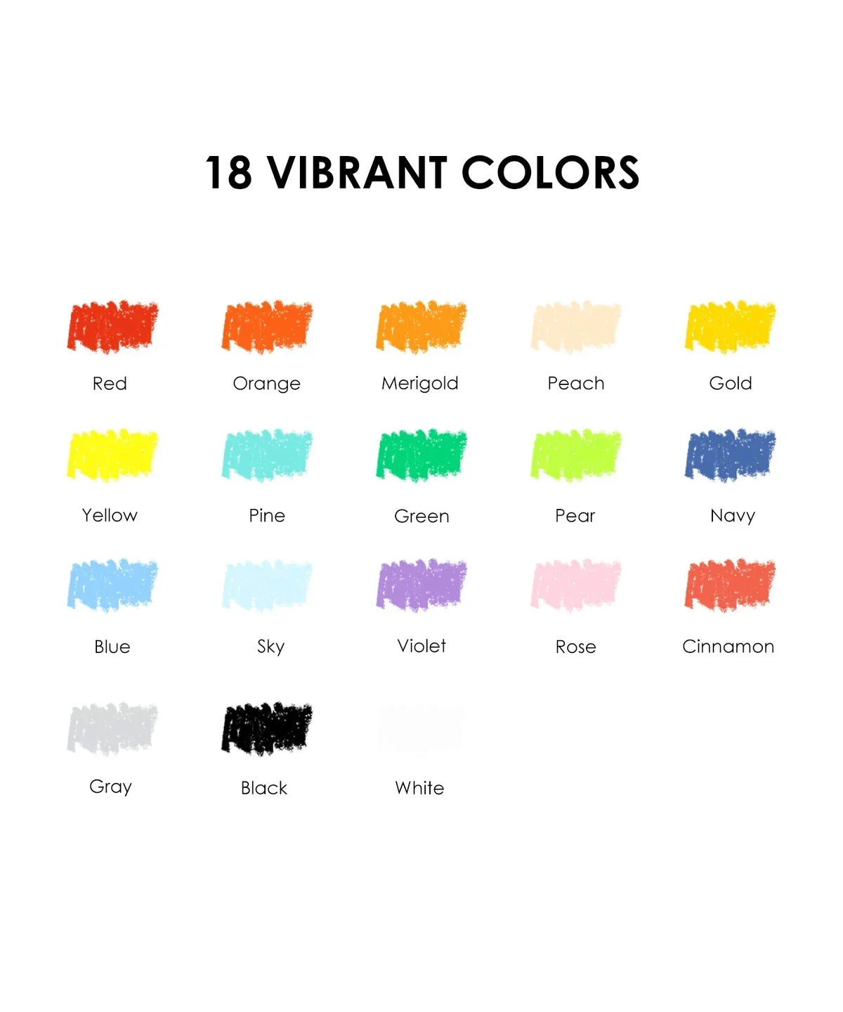 Color swatches chart showcasing 18 vibrant colors included in the 18 Colors Premium Oil Pastel Set for art projects.