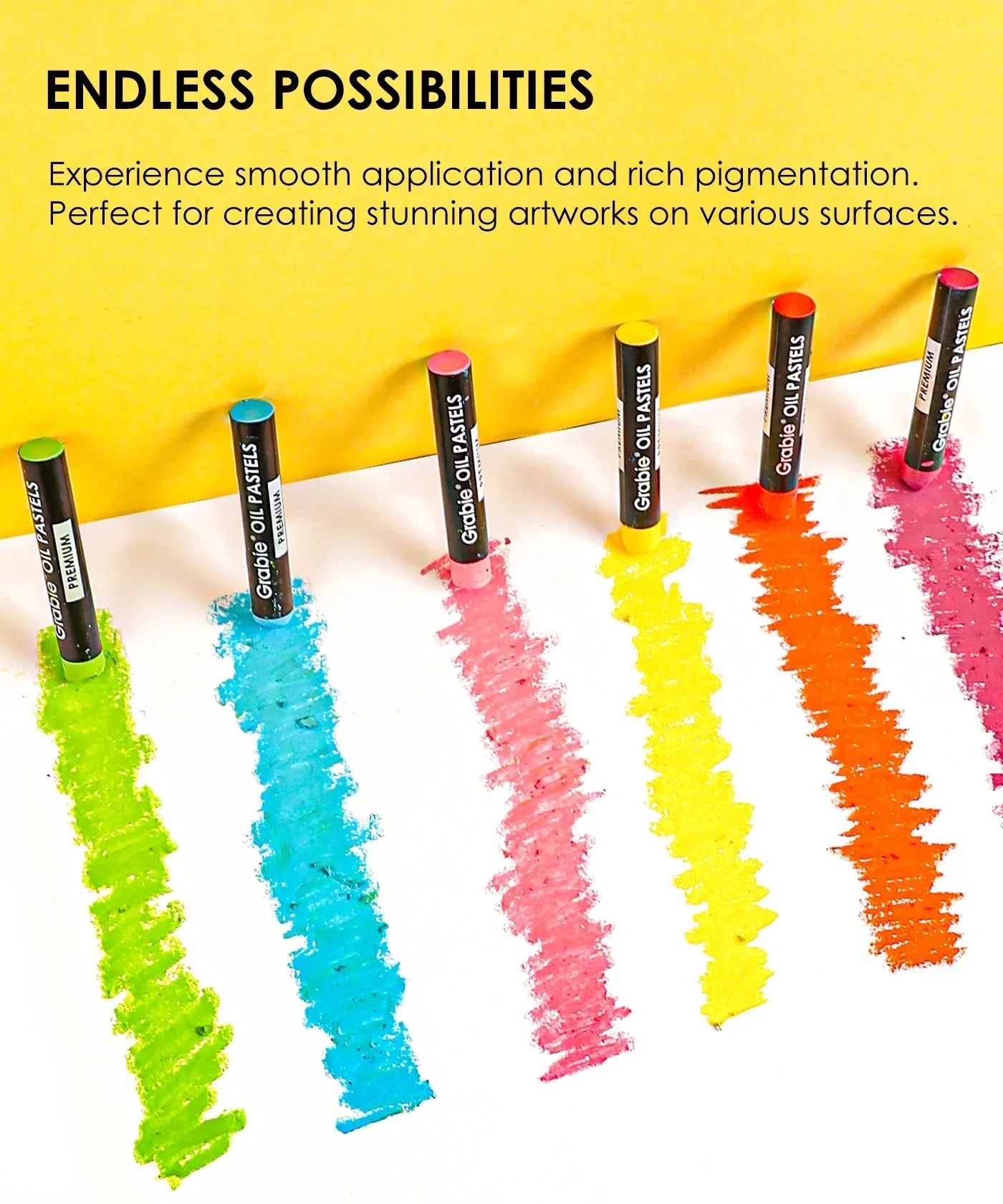18 Colors Premium Oil Pastel Set sticks showing vibrant smooth color strokes on white paper with yellow background