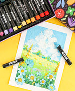 18 Colors Premium Oil Pastel Set with vibrant pastels and a colorful floral landscape painting on white paper