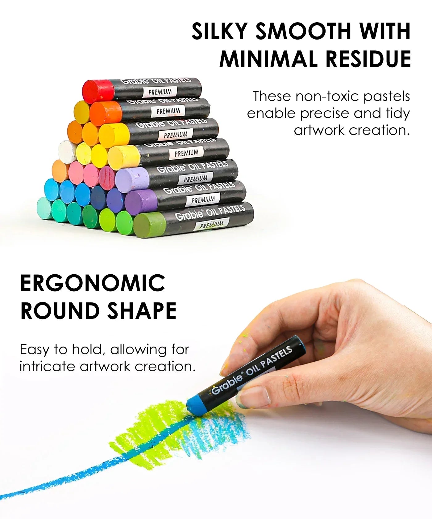 18 Colors Premium Oil Pastel Set arranged in a pyramid with a hand drawing bright blue and green strokes