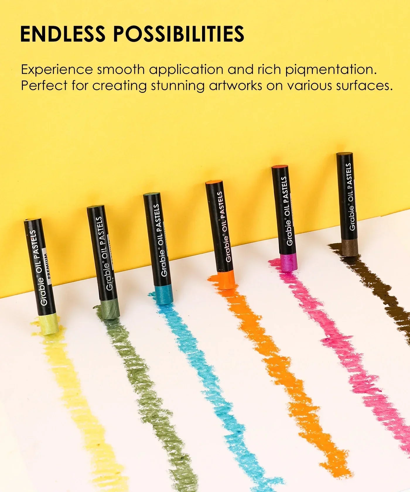 Premium Oil Pastel Set Of 6 with vibrant pigment lines in yellow, green, blue, orange, pink, and brown on a white surface.