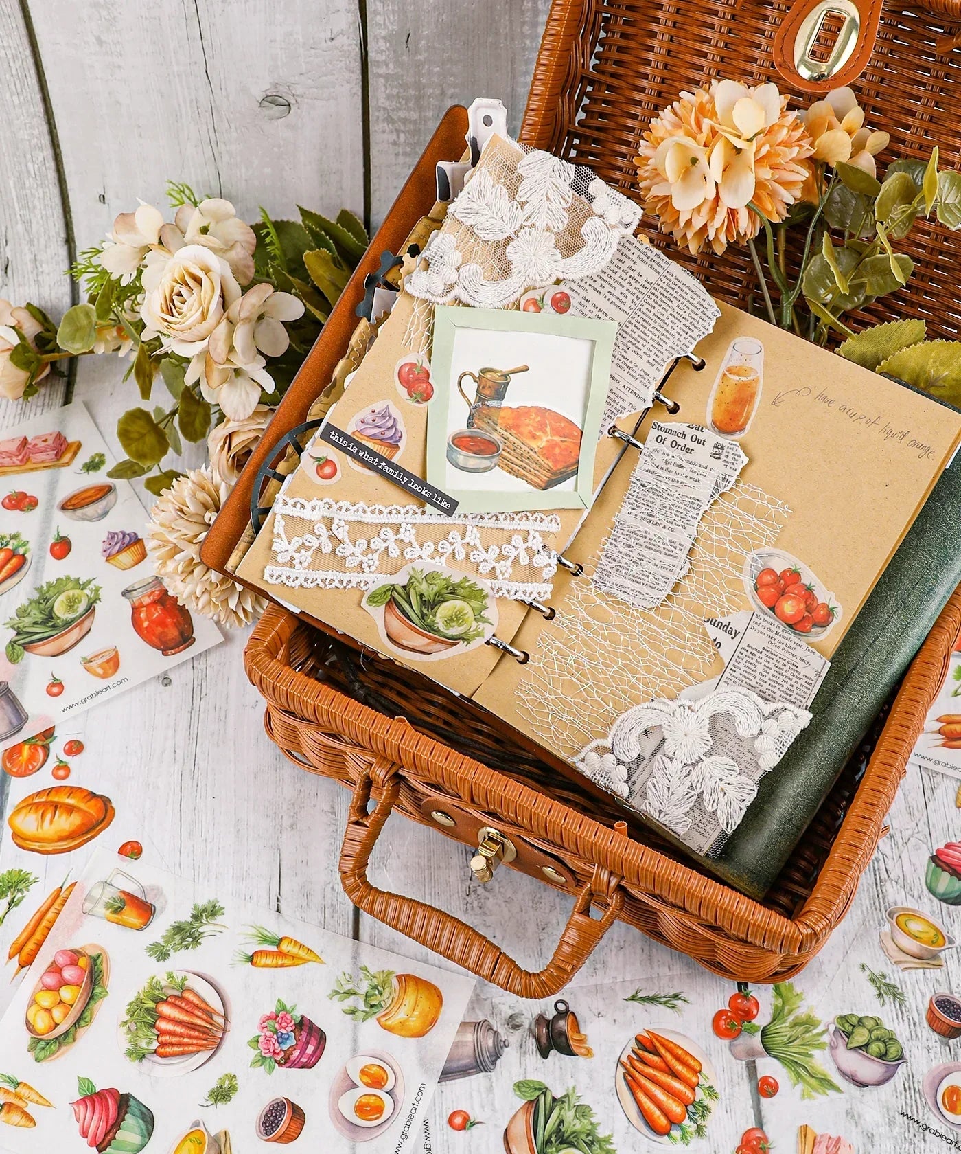 6 Sheets Grabie Exclusive Farmer's Market Sticker Set featuring rustic food and garden-themed scrapbook stickers in a wicker basket